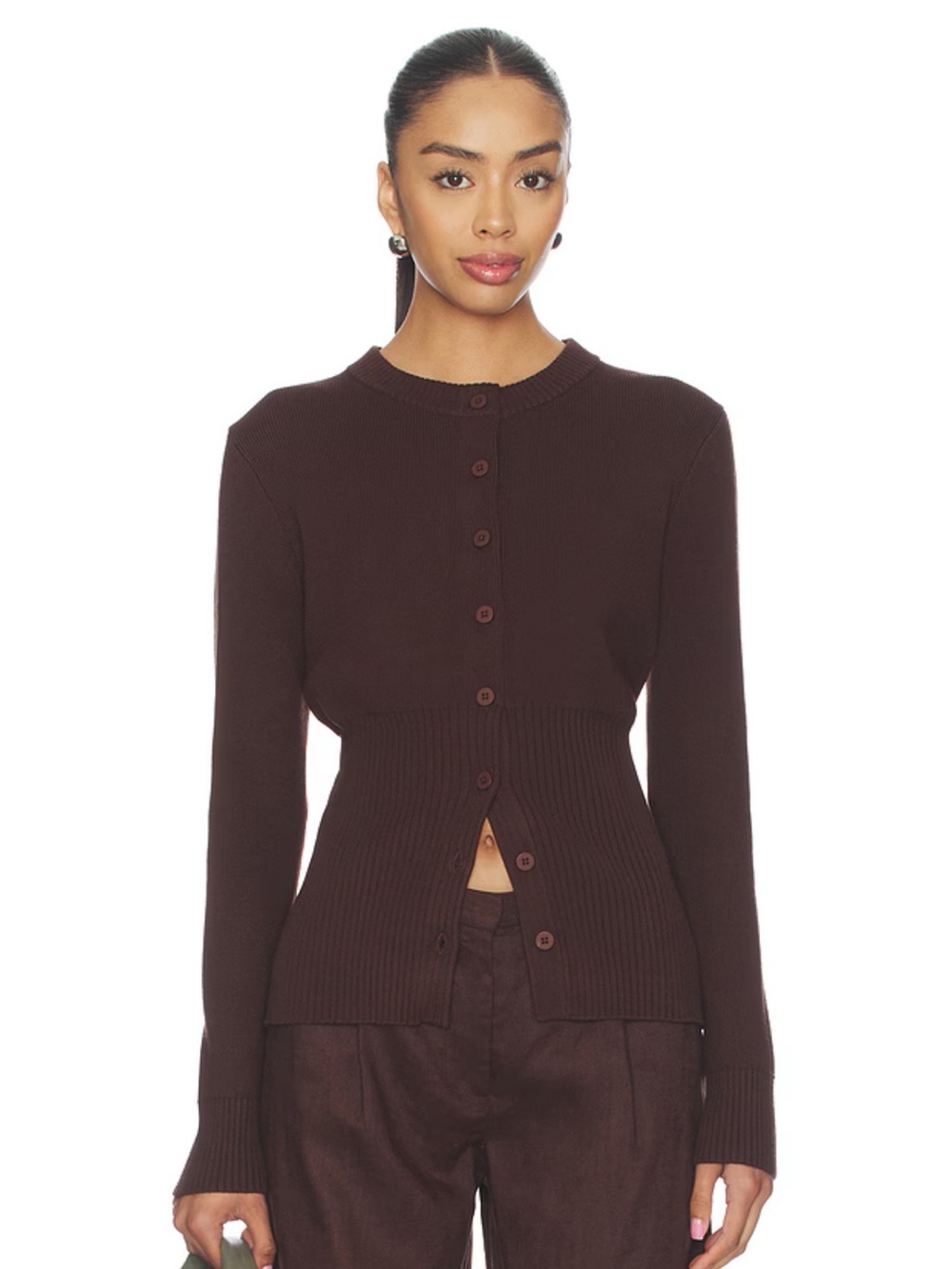Aligne Brown Ribbed Button Cardigan - Picture 1 of 6